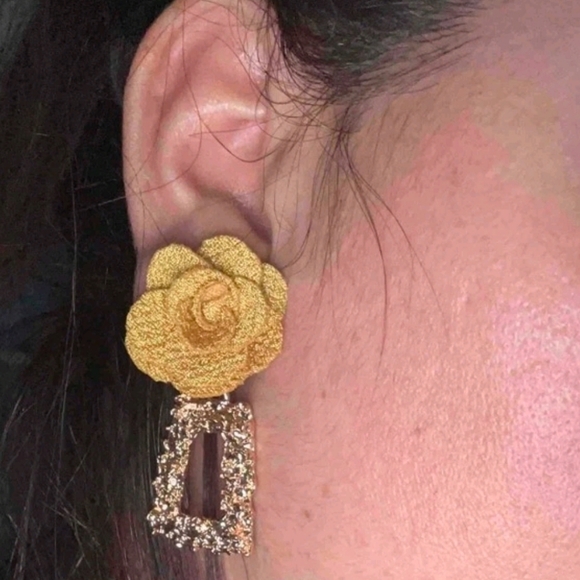 Gold Hoop Statement Earrings Yellow Rose Chunky Boho Dangle Floral 💖2/$30 - Picture 12 of 12